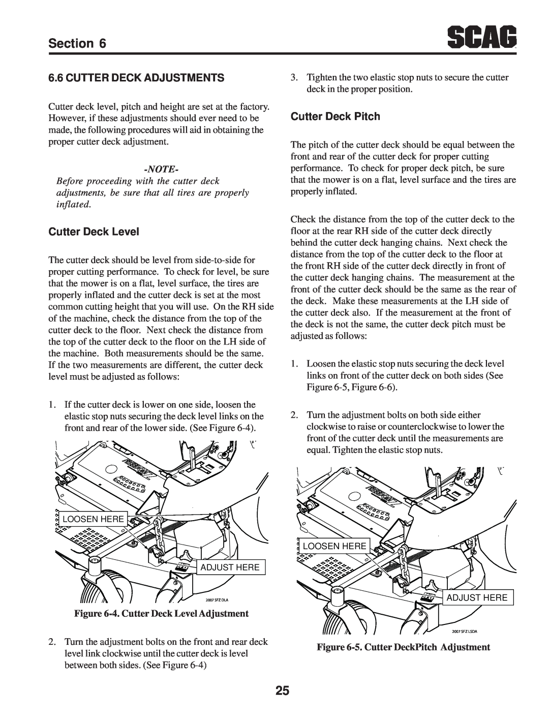 Scag Power Equipment SFZ manual Cutter Deck Adjustments, Cutter Deck Pitch, 4. Cutter Deck Level Adjustment 