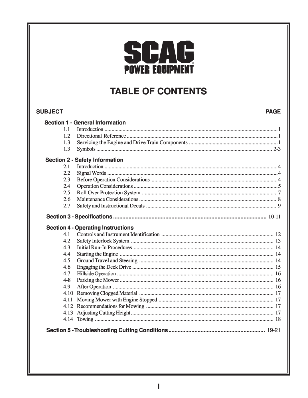 Scag Power Equipment SFZ manual Table Of Contents, Subject, General Information, Safety Information, Operating Instructions 