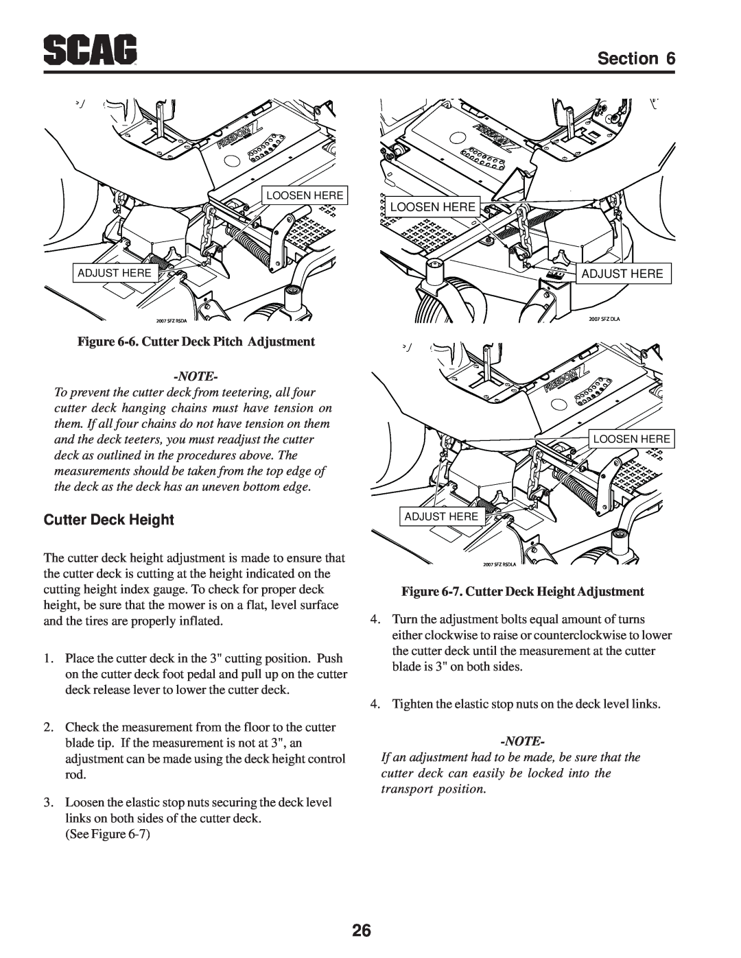 Scag Power Equipment SFZ manual 6. Cutter Deck Pitch Adjustment, 7. Cutter Deck Height Adjustment 