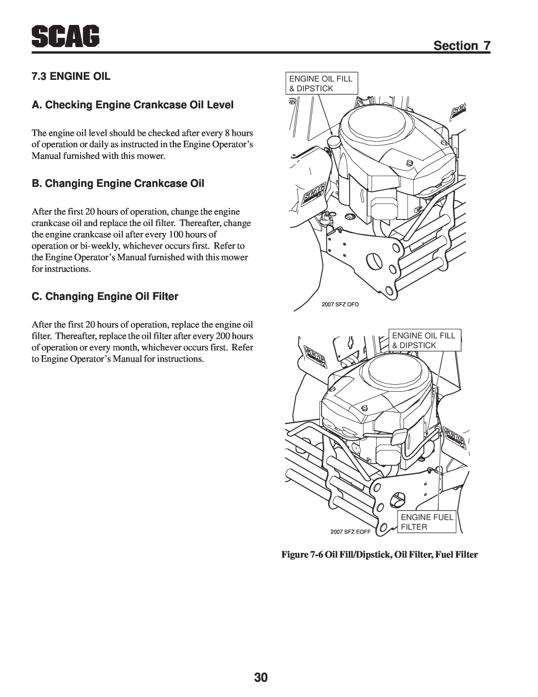 Scag Power Equipment SFZ manual ENGINE OIL A. Checking Engine Crankcase Oil Level, B. Changing Engine Crankcase Oil 