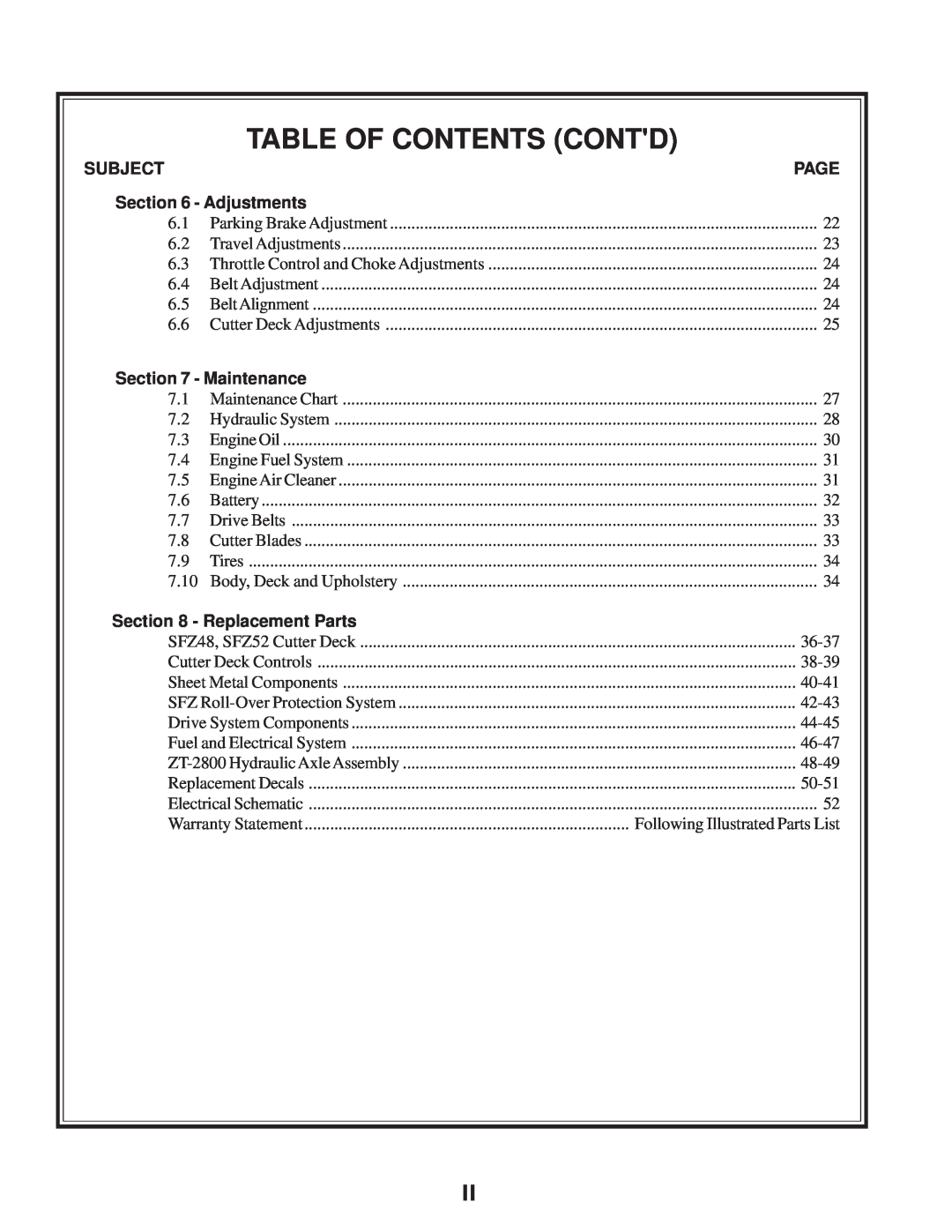 Scag Power Equipment SFZ manual Table Of Contents Contd, Subject, Page, Adjustments, Maintenance, Replacement Parts 