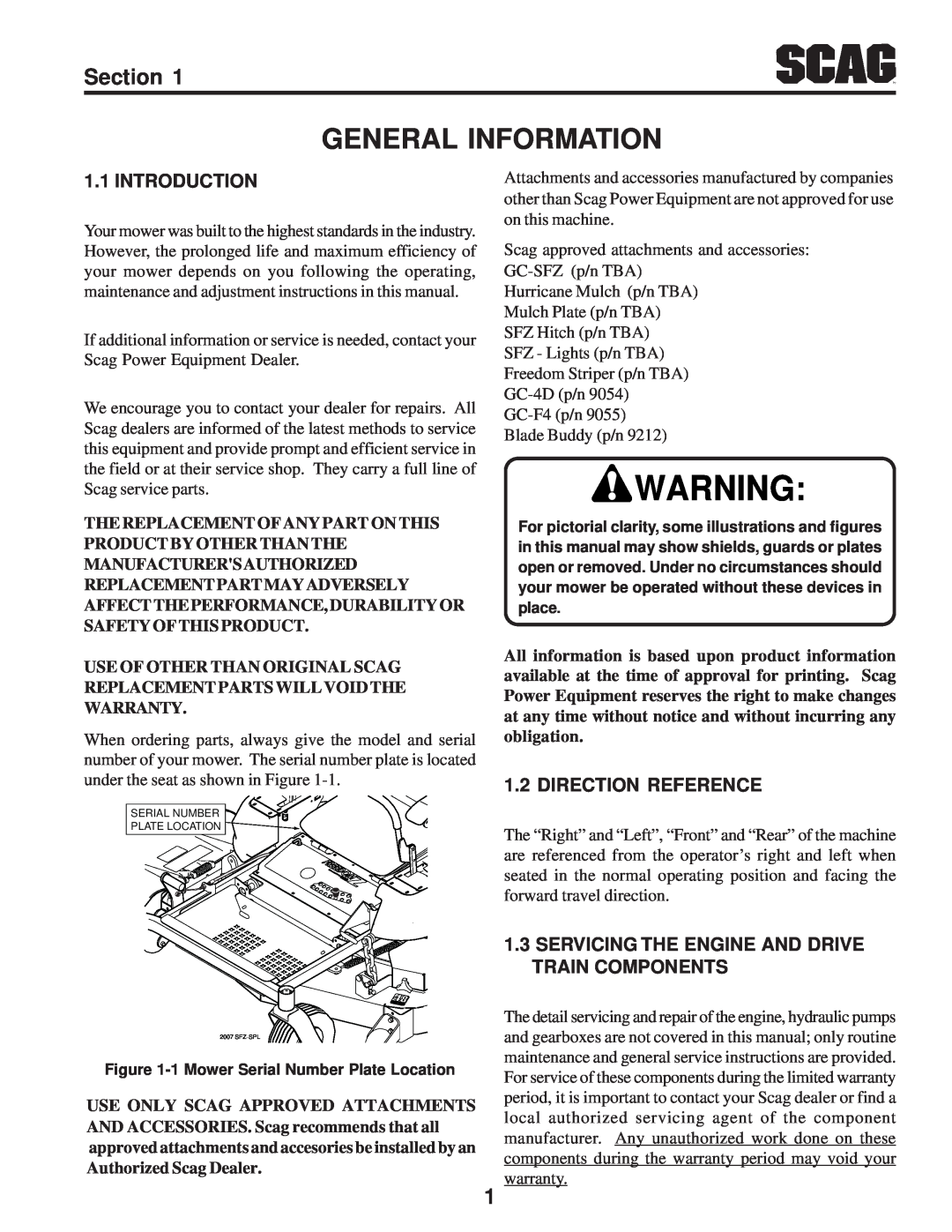 Scag Power Equipment SFZ manual General Information, Section, Introduction, Direction Reference 
