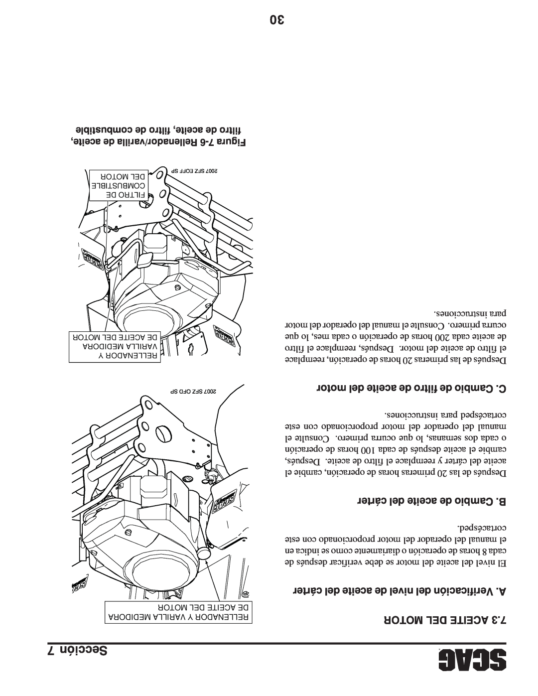 Scag Power Equipment SFZ manual motor del aceite de filtro de Cambio .C, cárter del aceite de Cambio .B 
