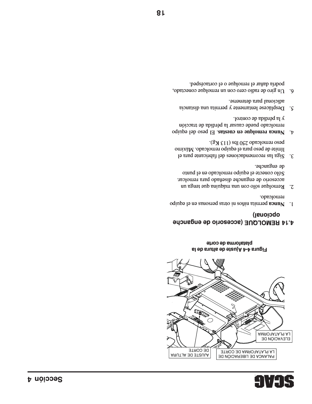 Scag Power Equipment SFZ manual Sección, opcional enganche de accesorio REMOLQUE, cuestas en remolque Nunca 