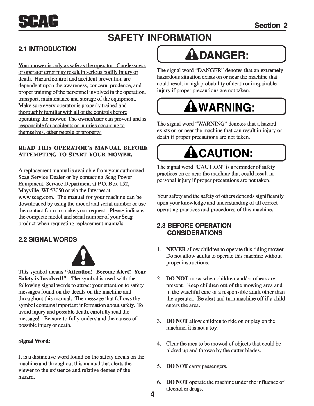 Scag Power Equipment SFZ manual Safety Information, Introduction, Signal Words, Before Operation Considerations 