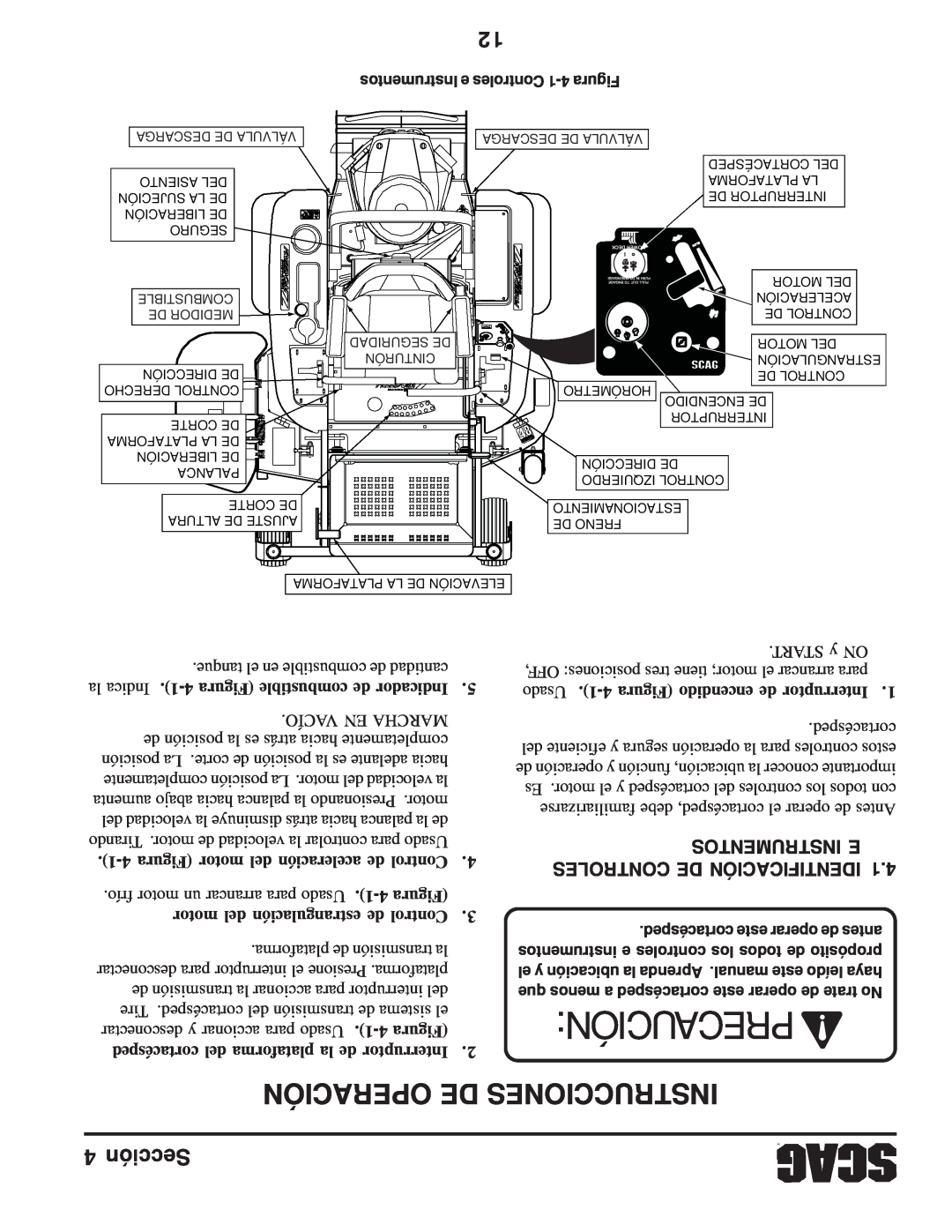 Scag Power Equipment SFZ manual Operación De Instrucciones, Precaución, Instrumentos E Controles De Identificación 