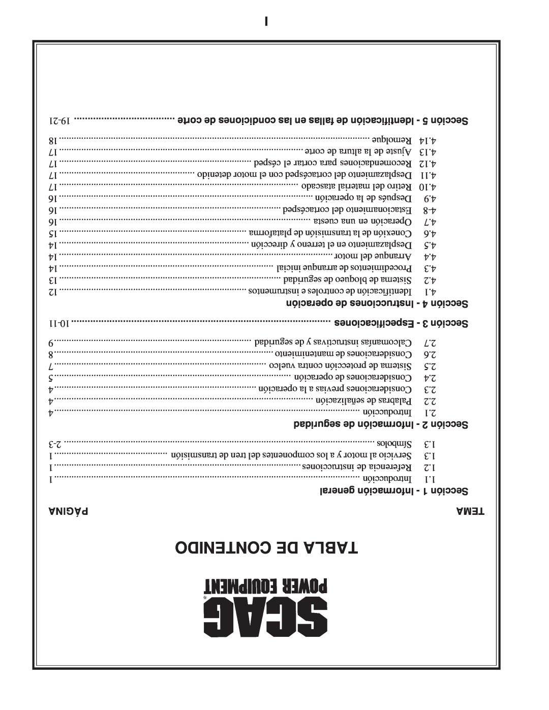 Scag Power Equipment SFZ Contenido De Tabla, general Información - 1 Sección, Página, Tema, Especificaciones - 3 Sección 