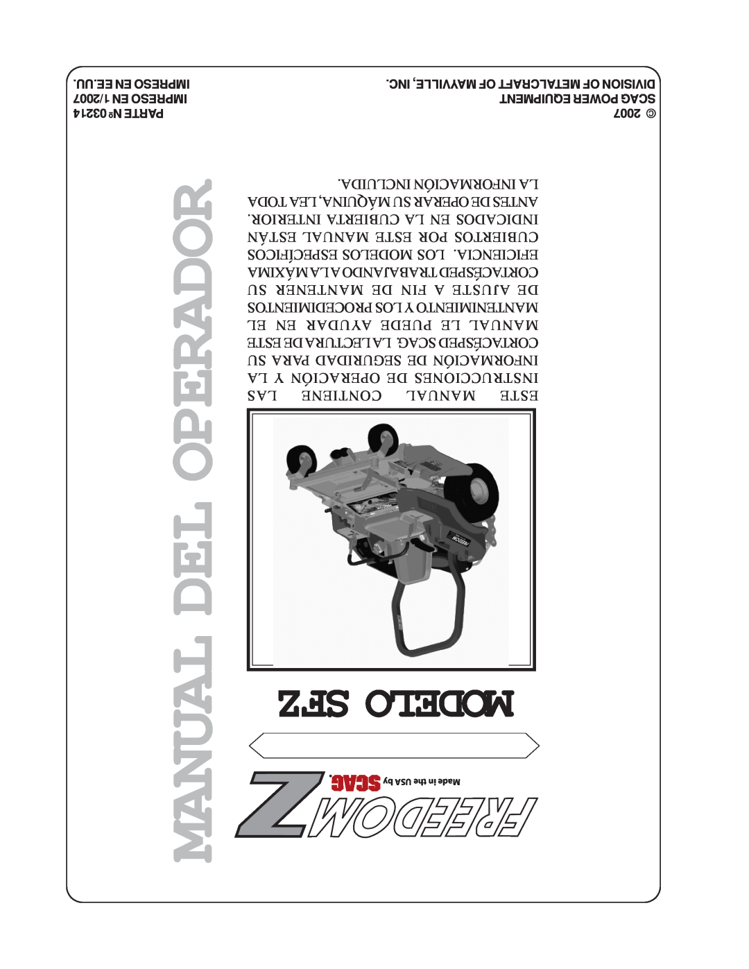 Scag Power Equipment SFZ manual Sfz Modelo, Manual Del Operador 