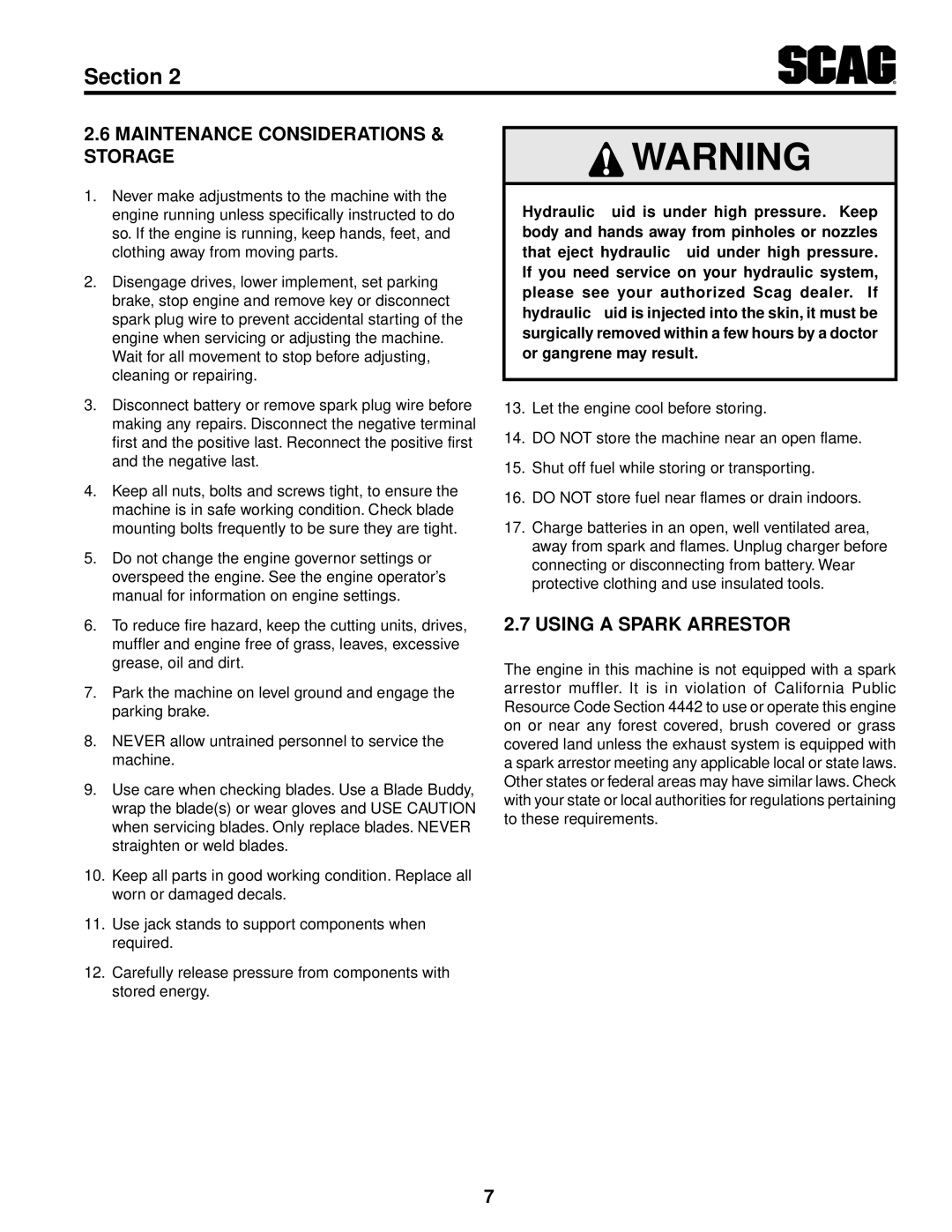 Scag Power Equipment SFZ36-17KA, SFZ36-20BS, SFZ61-28BS Maintenance Considerations & storage, Using a spark arrestor 