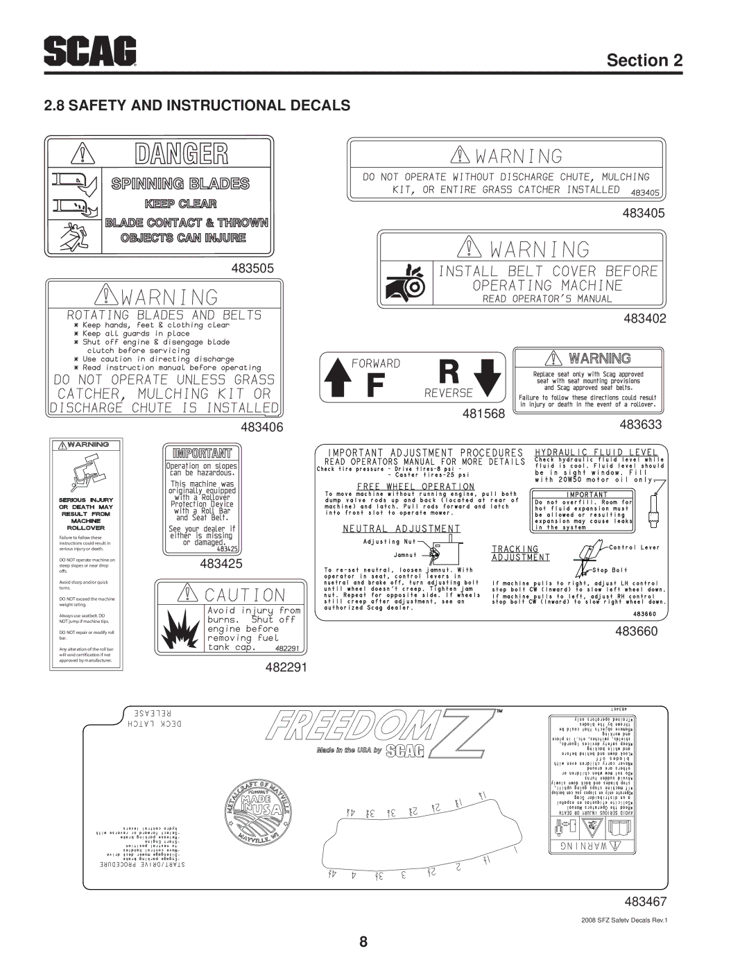 Scag Power Equipment SFZ36-20BS, SFZ61-28BS, SFZ36-17KA operating instructions Safety and Instructional Decals, 483633 