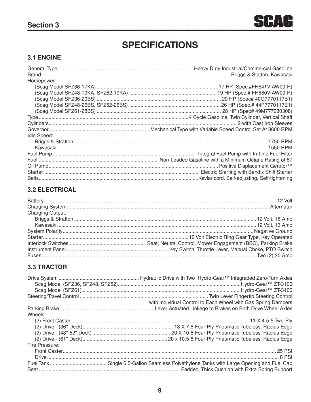 Scag Power Equipment SFZ61-28BS, SFZ36-20BS, SFZ36-17KA operating instructions Specifications, Engine, Electrical, Tractor 