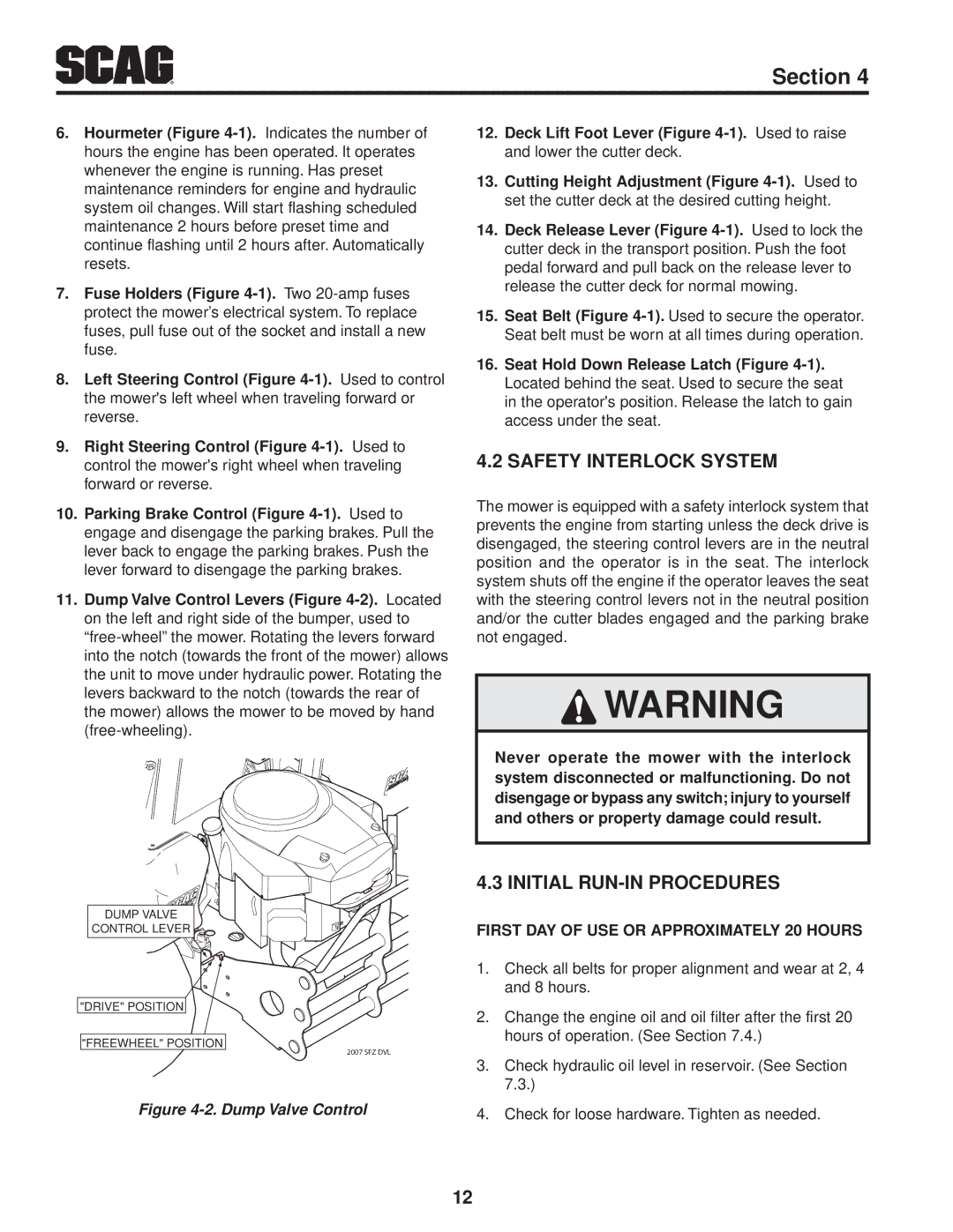 Scag Power Equipment SFZ61-28BS, SFZ36-20BS, SFZ36-17KA Safety Interlock System, Initial RUN-IN Procedures 