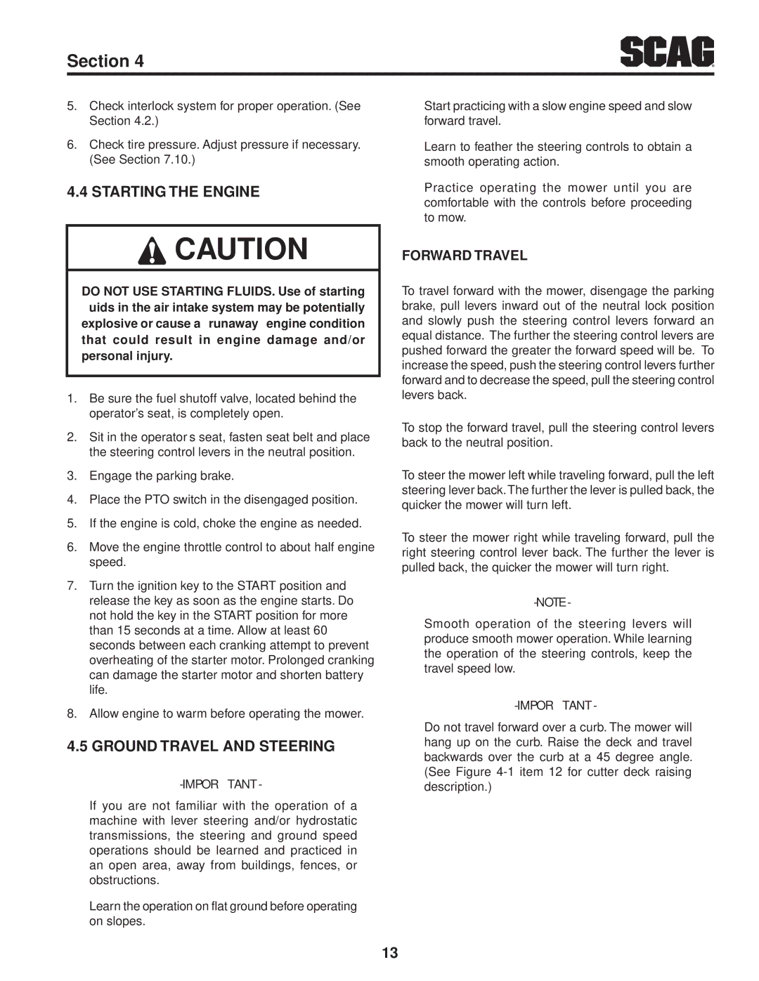 Scag Power Equipment SFZ36-17KA, SFZ36-20BS, SFZ61-28BS Starting the Engine, Ground Travel and Steering, Forward Travel 