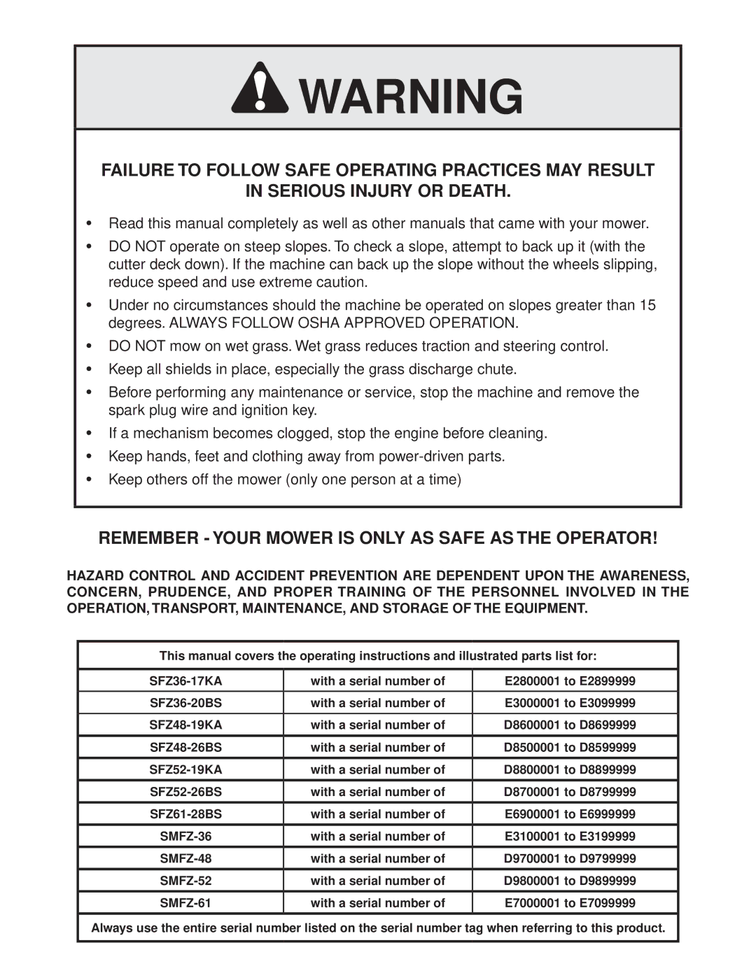 Scag Power Equipment SFZ36-17KA, SFZ36-20BS, SFZ61-28BS Remember Your Mower is only AS Safe AS the Operator 