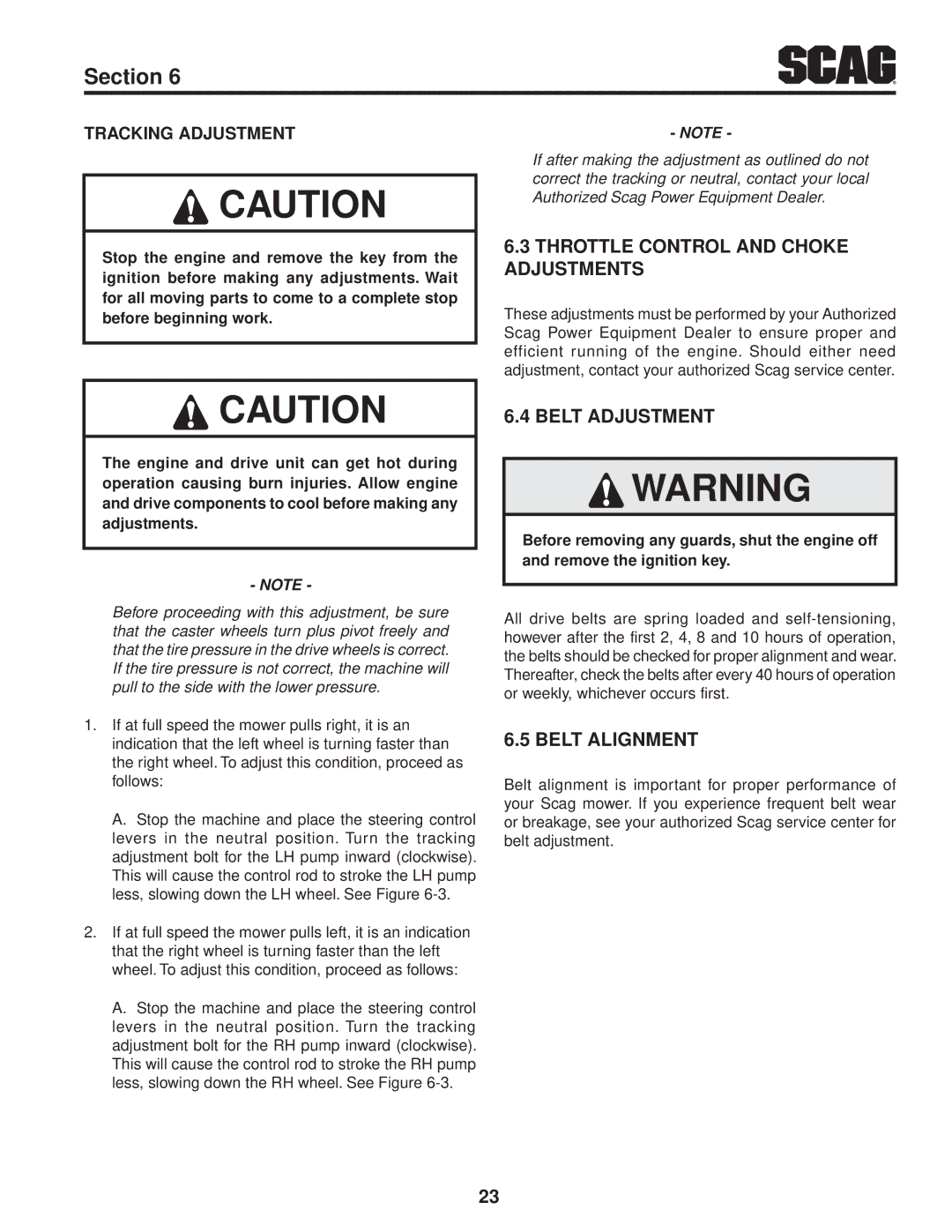 Scag Power Equipment SFZ36-20BS, SFZ61-28BS Throttle Control and Choke Adjustments, Belt Adjustment, Belt Alignment 