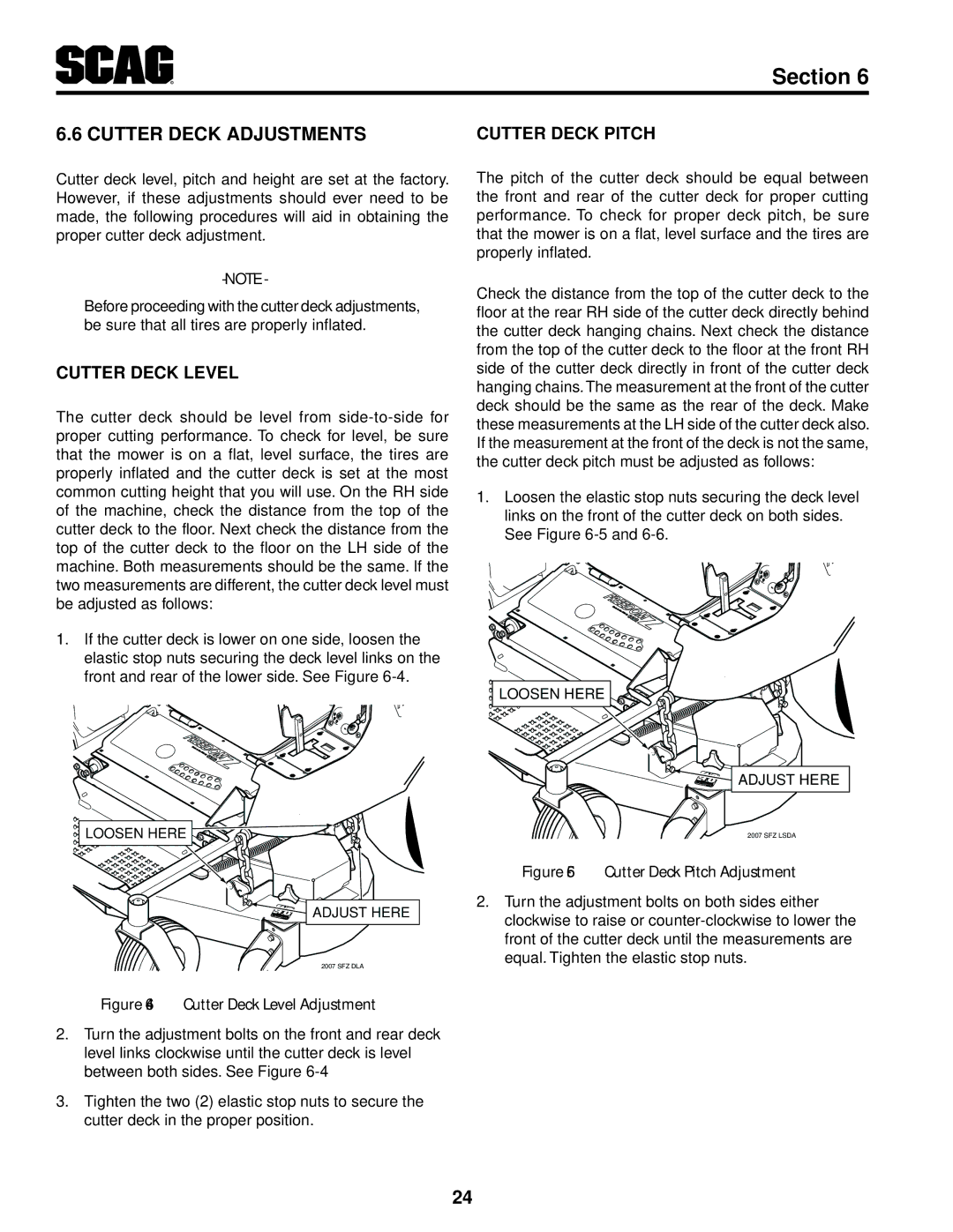 Scag Power Equipment SFZ61-28BS, SFZ36-20BS, SFZ36-17KA Cutter Deck Adjustments, Cutter Deck Pitch, Cutter Deck Level 