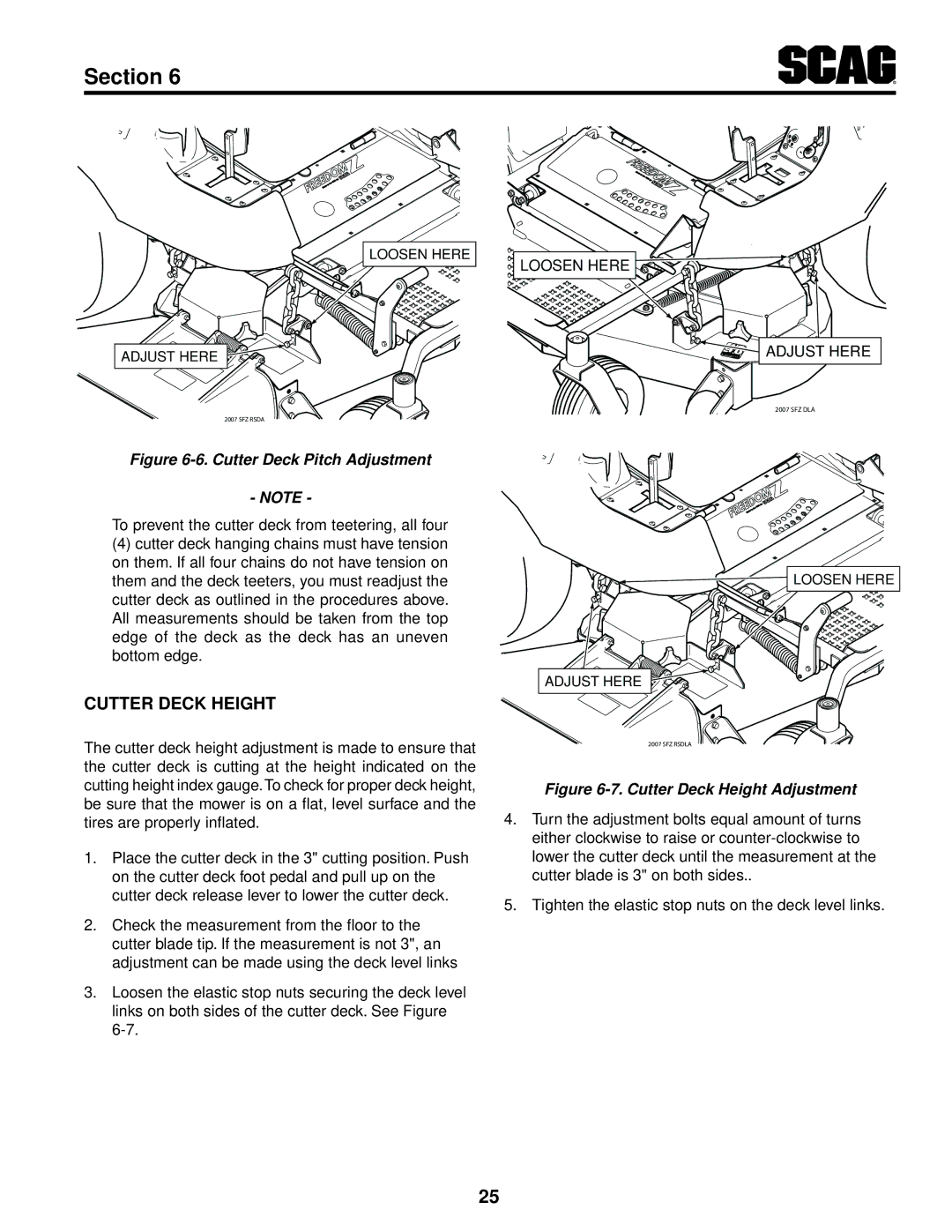 Scag Power Equipment SFZ36-17KA, SFZ36-20BS, SFZ61-28BS operating instructions Cutter Deck Height Adjustment 