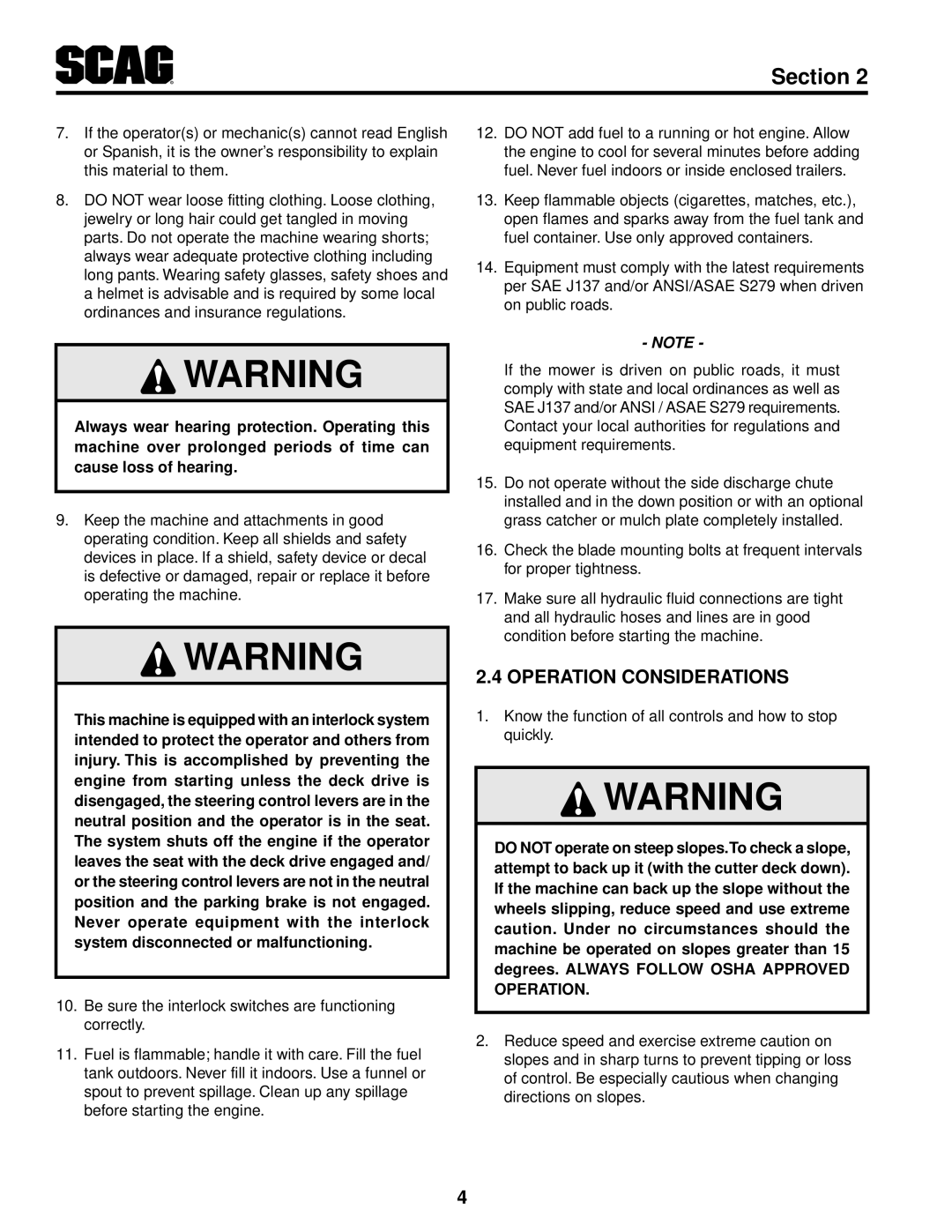 Scag Power Equipment SFZ36-17KA, SFZ36-20BS, SFZ61-28BS operating instructions Operation Considerations 