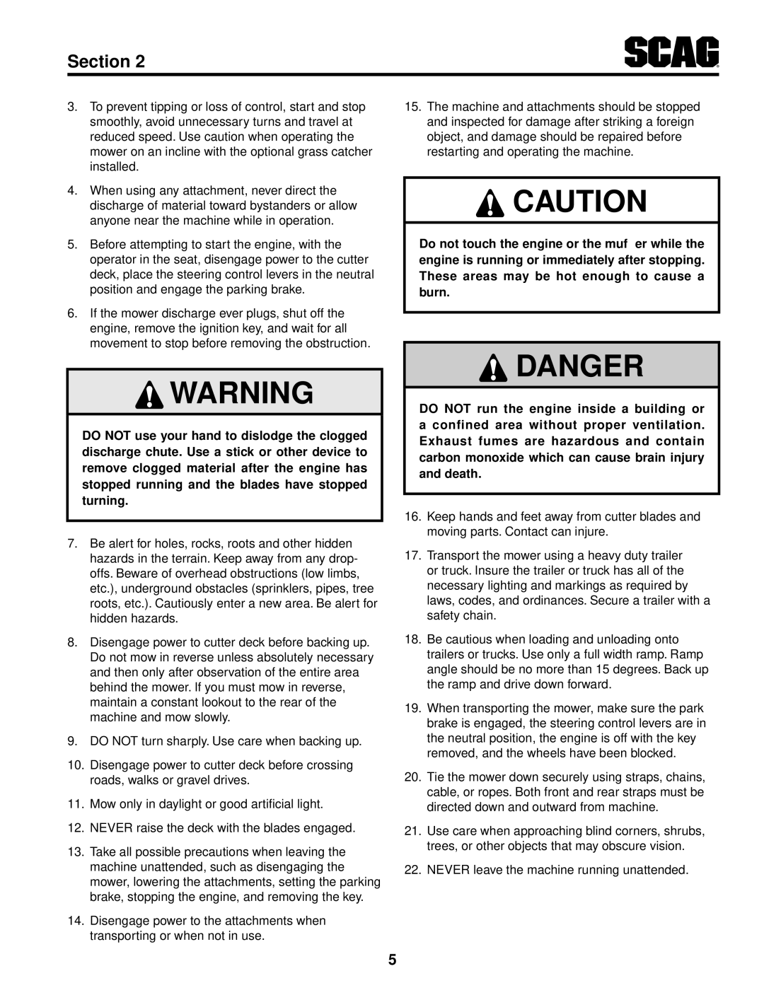 Scag Power Equipment SFZ36-20BS, SFZ61-28BS, SFZ36-17KA operating instructions Section 