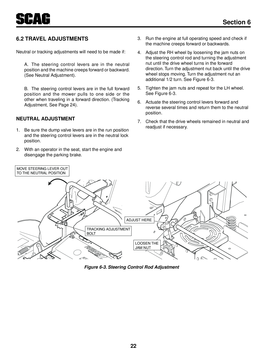 Scag Power Equipment SFZ36-17KA Travel Adjustments, Section, Neutral Adjustment, 3. Steering Control Rod Adjustment 