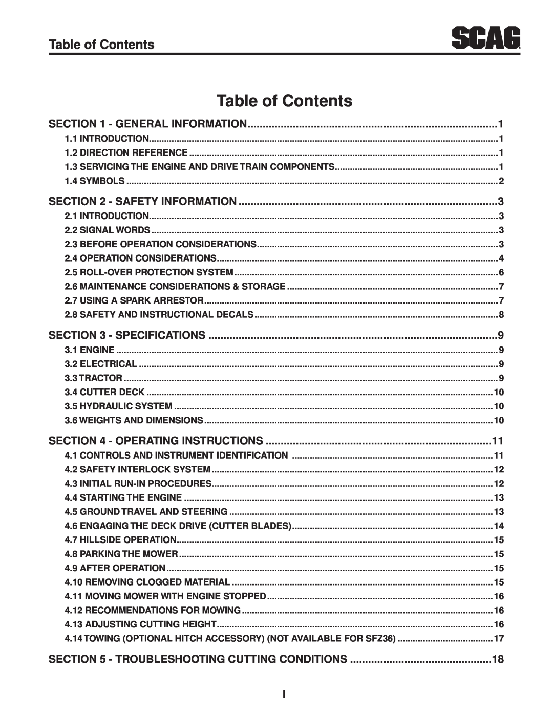 Scag Power Equipment SFZ36-20BS Table of Contents, General Information, Safety Information, Specifications, Introduction 