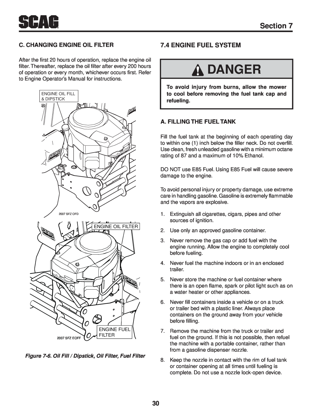 Scag Power Equipment SFZ61-28BS, SFZ36-20BS, SFZ36-17KA Engine Fuel System, Danger, Section, C. Changing Engine Oil Filter 