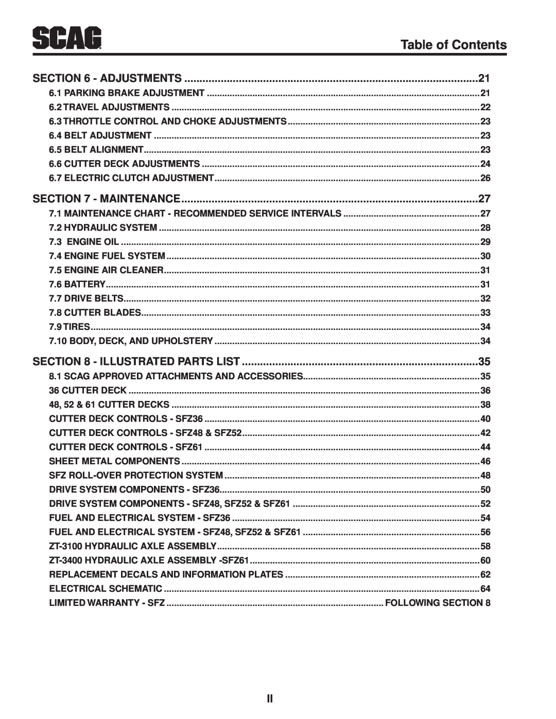 Scag Power Equipment SFZ61-28BS Table of Contents, Throttle Control and Choke Adjustments, electric clutch adjustment 