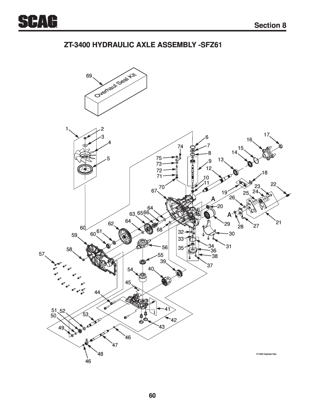 Scag Power Equipment SFZ61-28BS, SFZ36-20BS ZT-3400 HYDRAULIC AXLE ASSEMBLY -SFZ61, Section, 59 60, ZT-3400 Exploded View 