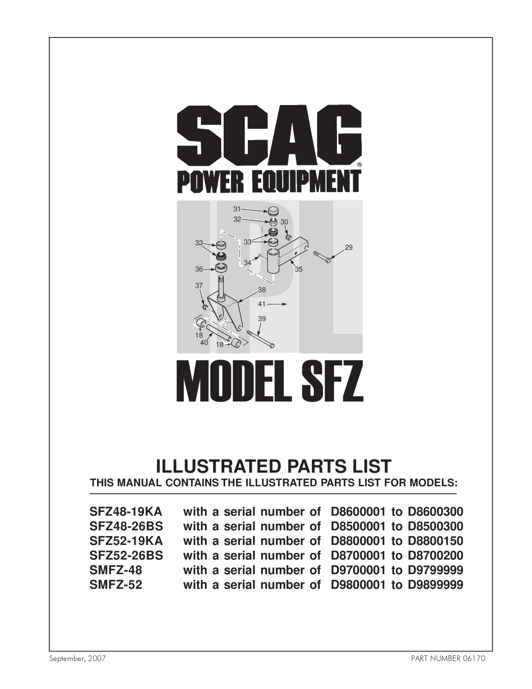 Scag Power Equipment sfz48-26bs, SFZ52-26BS, SMFZ-52, SFZ52-19KA, SMFZ-48, SFZ48-19KA manual Model SFZ 