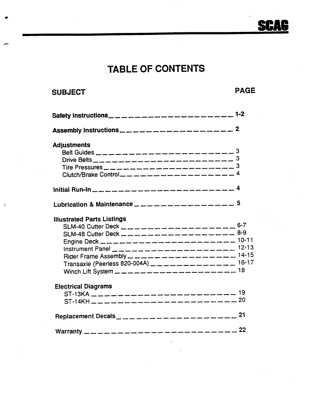 Scag Power Equipment STG-14KH, SLM-48, SLM-40, STG-13KA manual 