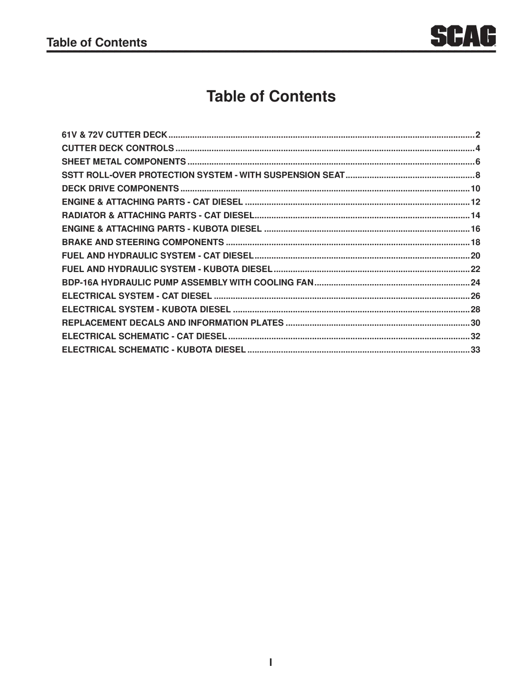 Scag Power Equipment SMT-72V, STT-28CAT-SS, STT61V-28CAT-SS manual Table of Contents 