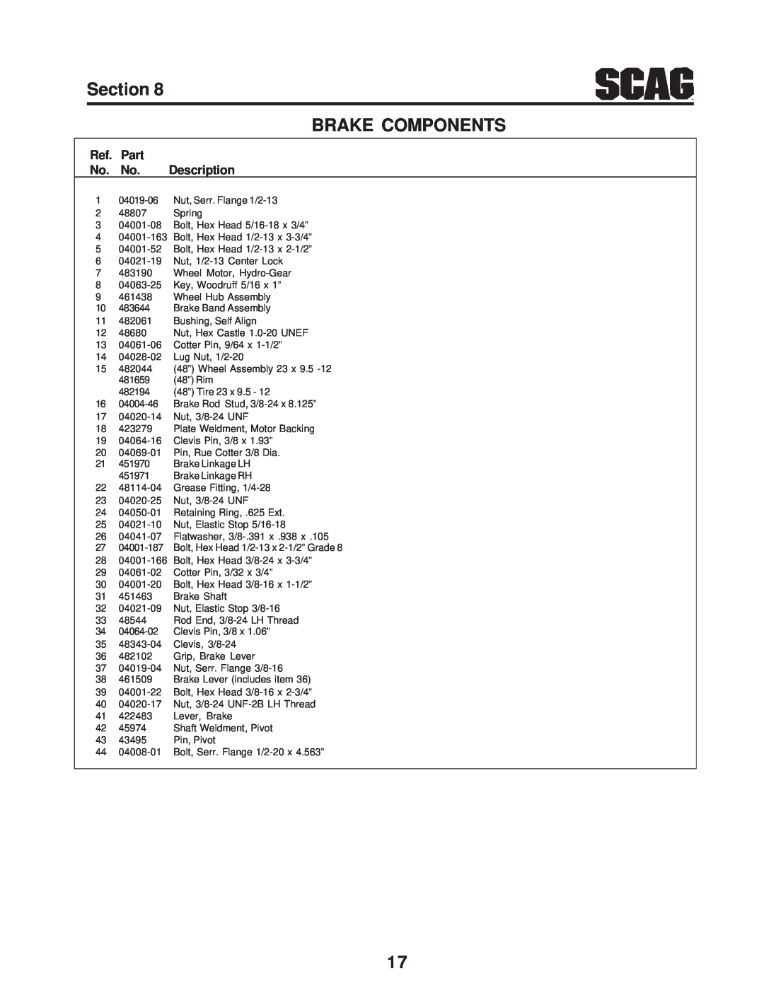 Scag Power Equipment STC48V-19KAI manual Section BRAKE COMPONENTS, Ref. Part No. No. Description, Nut, Serr. Flange 1/2-13 