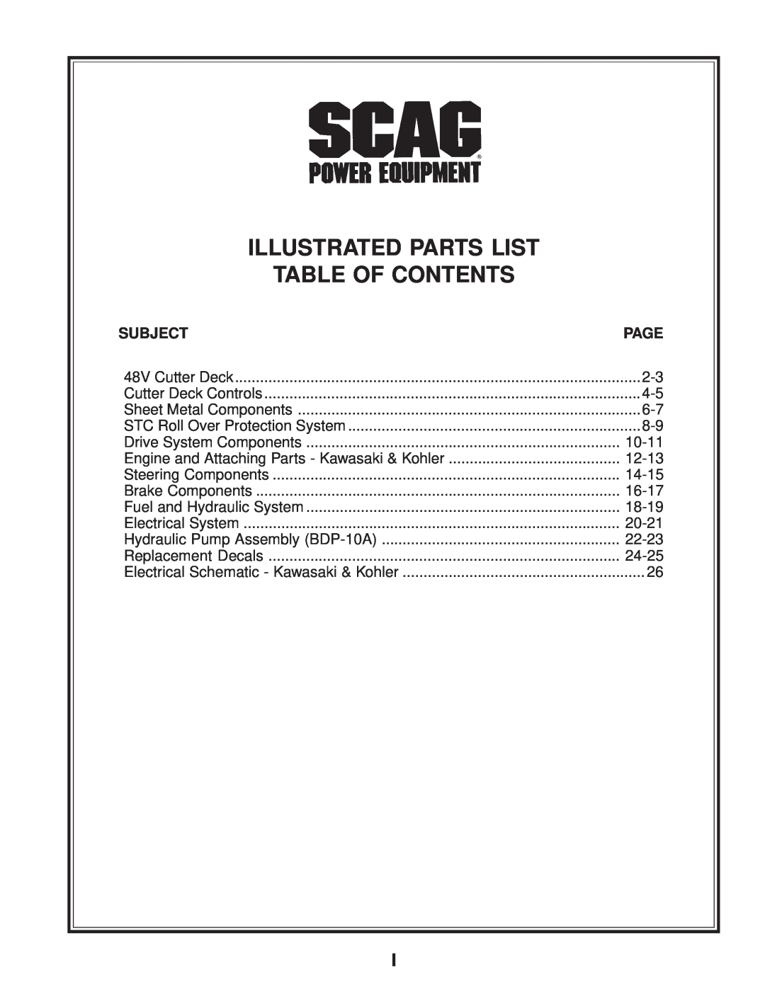 Scag Power Equipment SMTC-48V, STC48V-19KAI, STC48V-23CV manual Subject, Illustrated Parts List Table Of Contents 