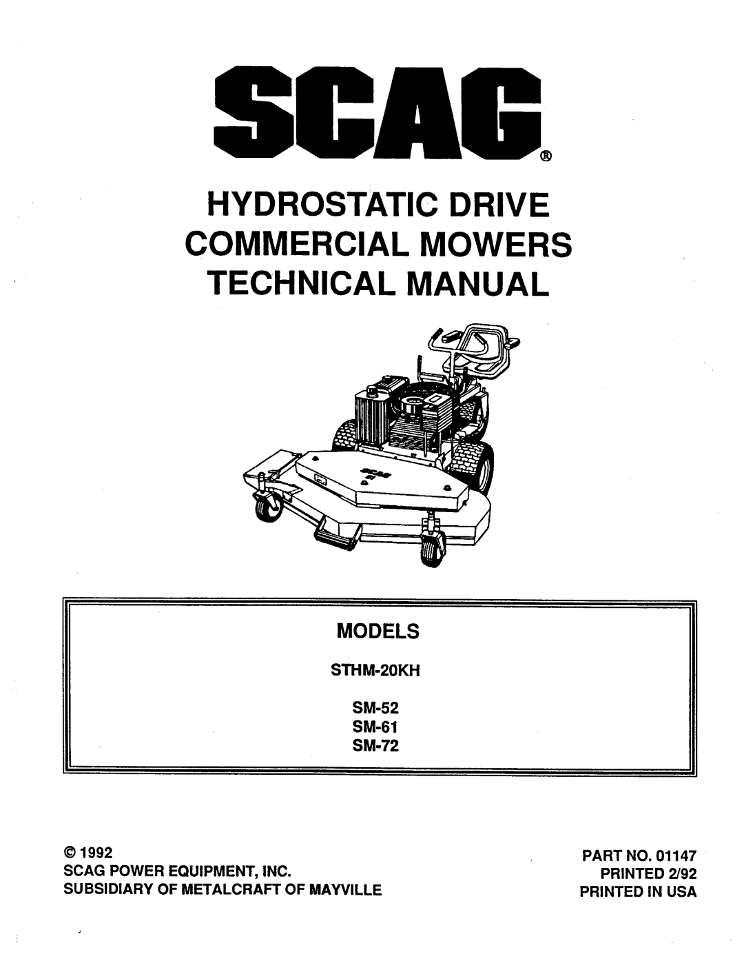 Scag Power Equipment SM-52, SMTH-20KH, SM-72, STHM-20KH manual 