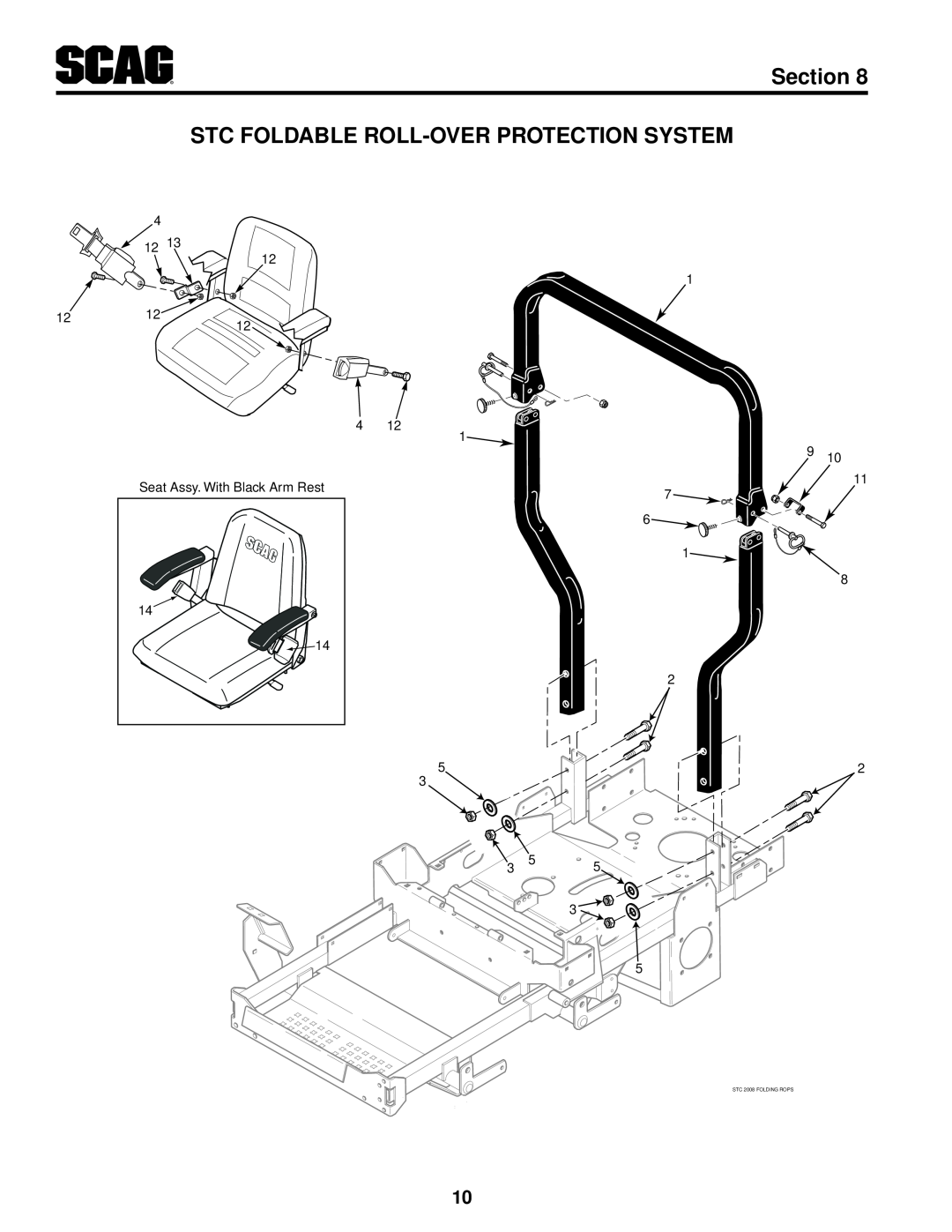 Scag Power Equipment SMWC-52V, SMWC-61V Stc Foldable Roll-Over Protection System, Section, Seat Assy. With Black Arm Rest 