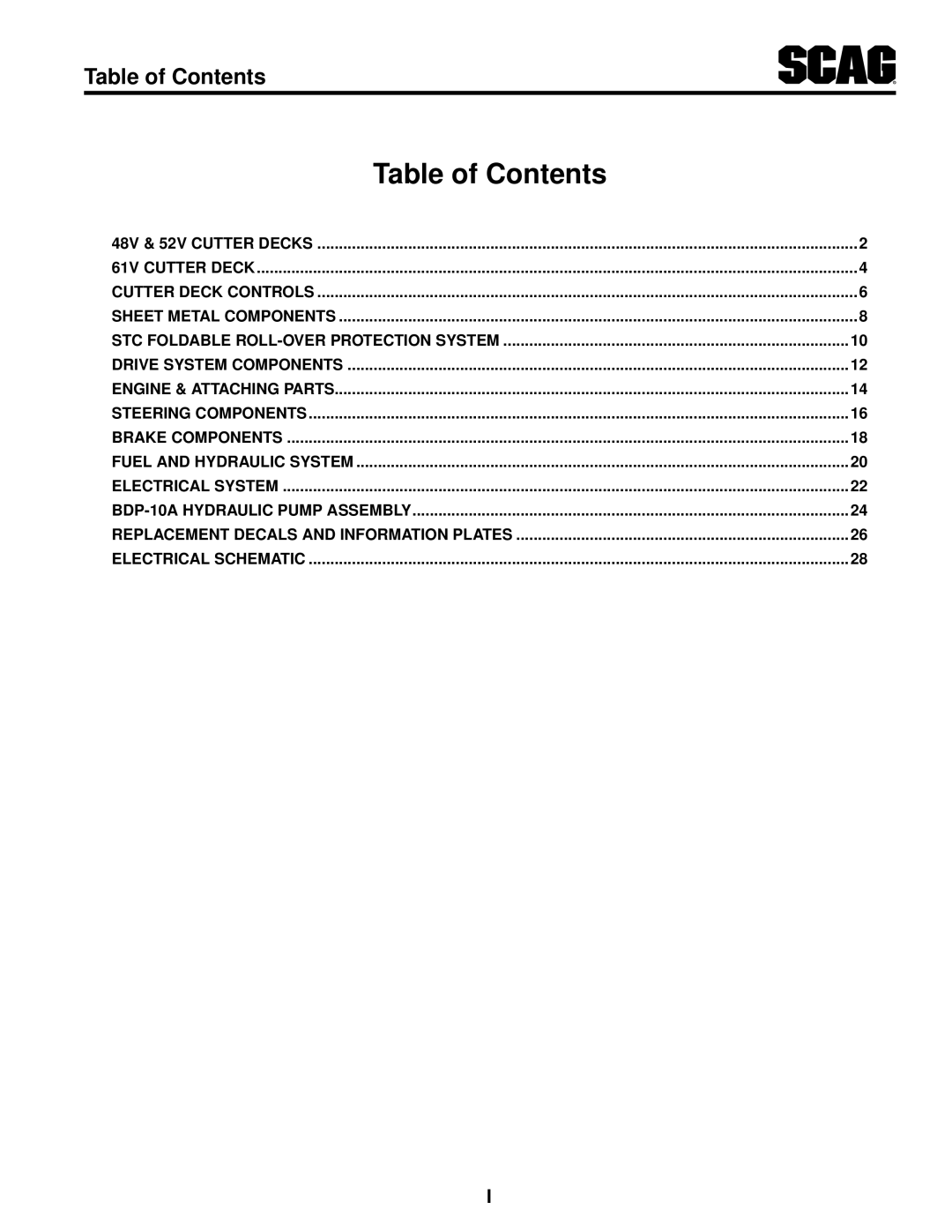 Scag Power Equipment SMWC-61V, SMWC-52V, SMTC-48V manual Table of Contents 