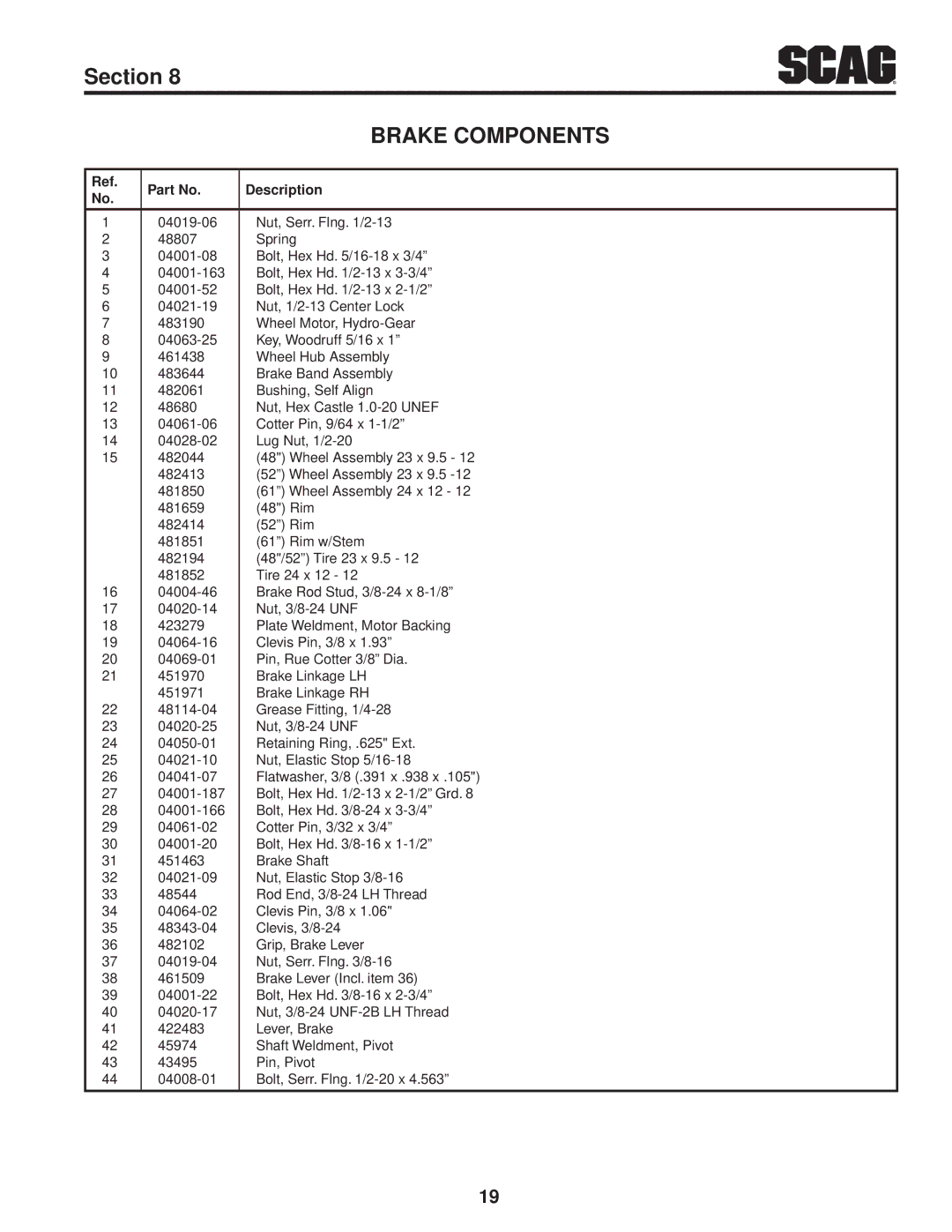 Scag Power Equipment STWC61V-27CV, SMWC-61V, SMWC-52V, STWC52V-25KA, STWC61V-26KA-LC, STWC48V-26KA-LC manual Brake Components 