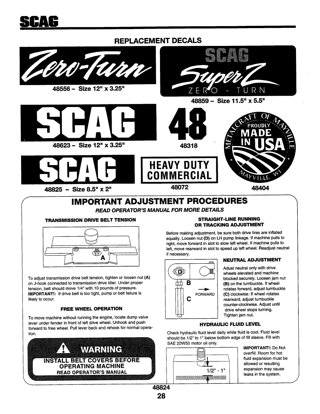 Scag Power Equipment SMZ-48, SSZ-16BV, SSZ-16KH, SSZ-18BV, SSZ-18KH manual 