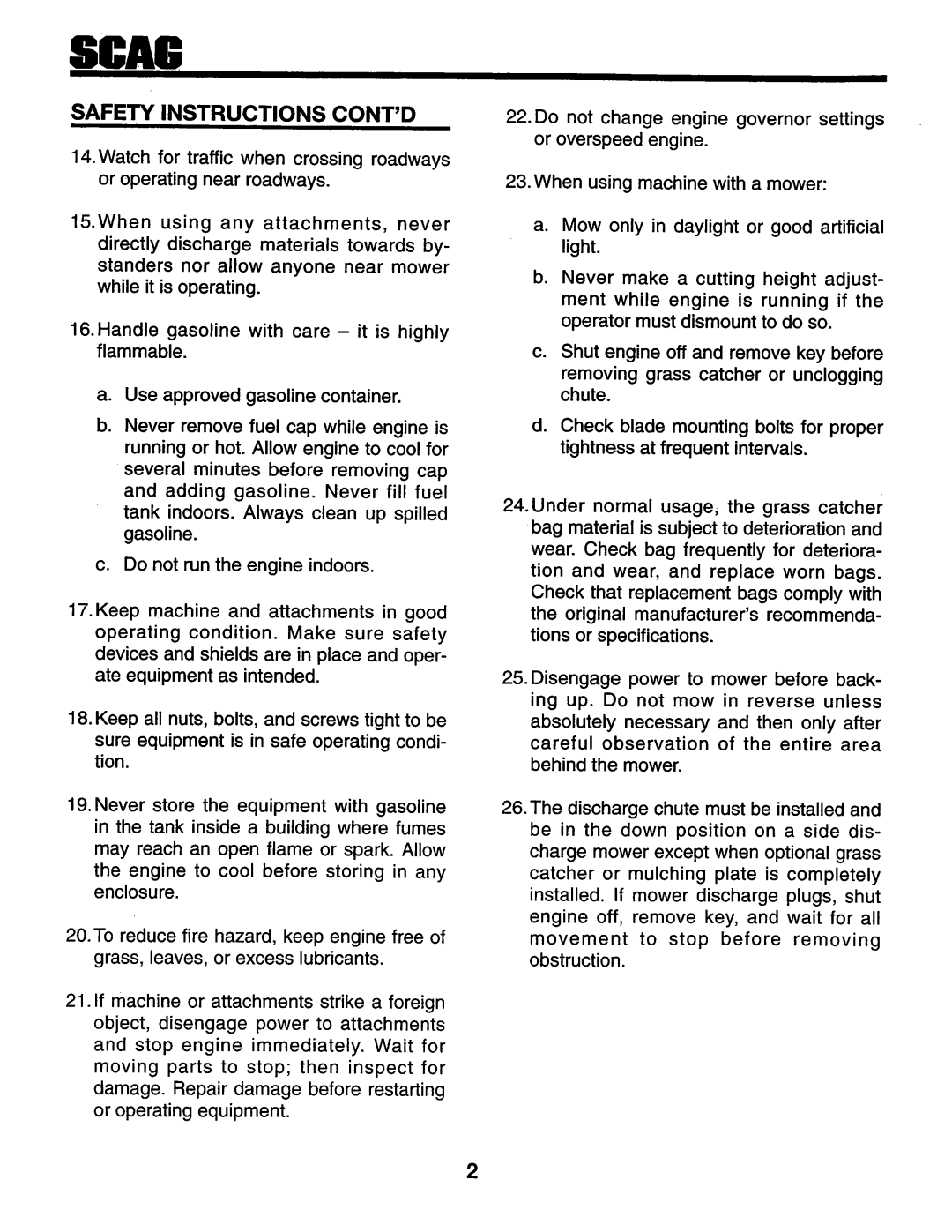 Scag Power Equipment SSZ-18KH, SMZ-48, SSZ-16BV, SSZ-16KH, SSZ-18BV manual 