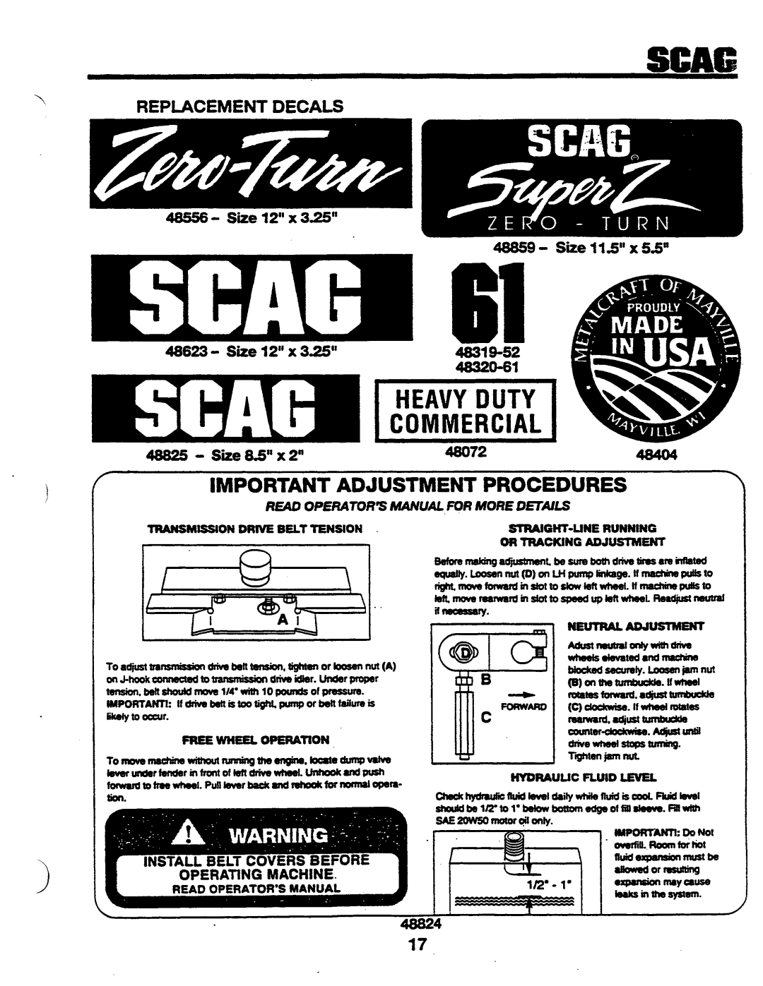 Scag Power Equipment SSZ-42, SSZ42, SSZ-48 manual 