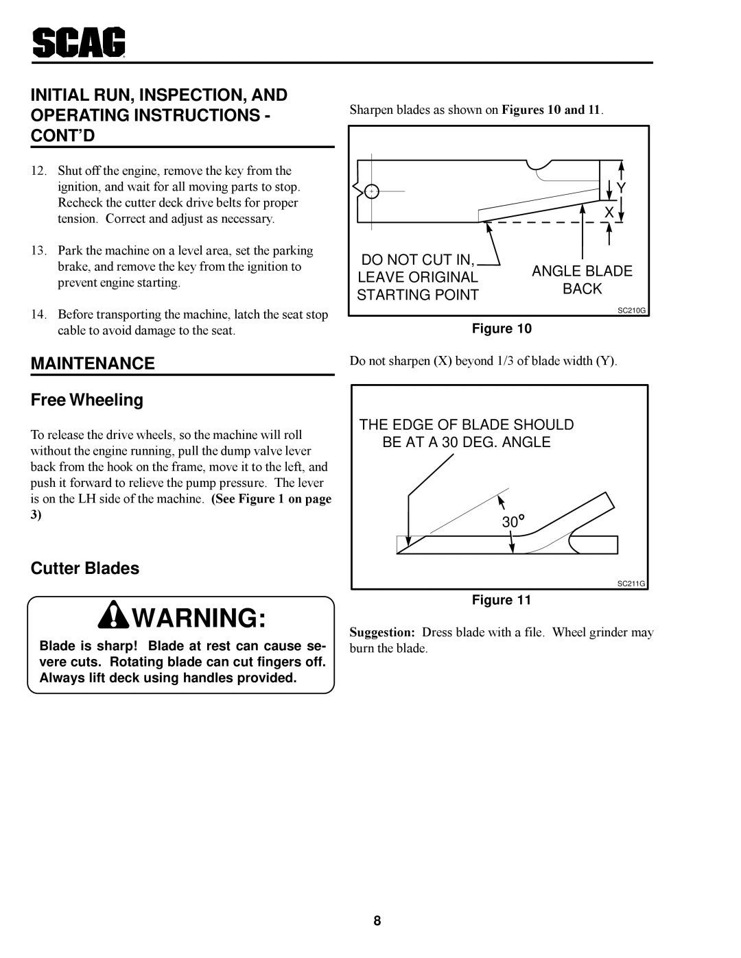 Scag Power Equipment SSZ operating instructions Maintenance, Free Wheeling, Cutter Blades 