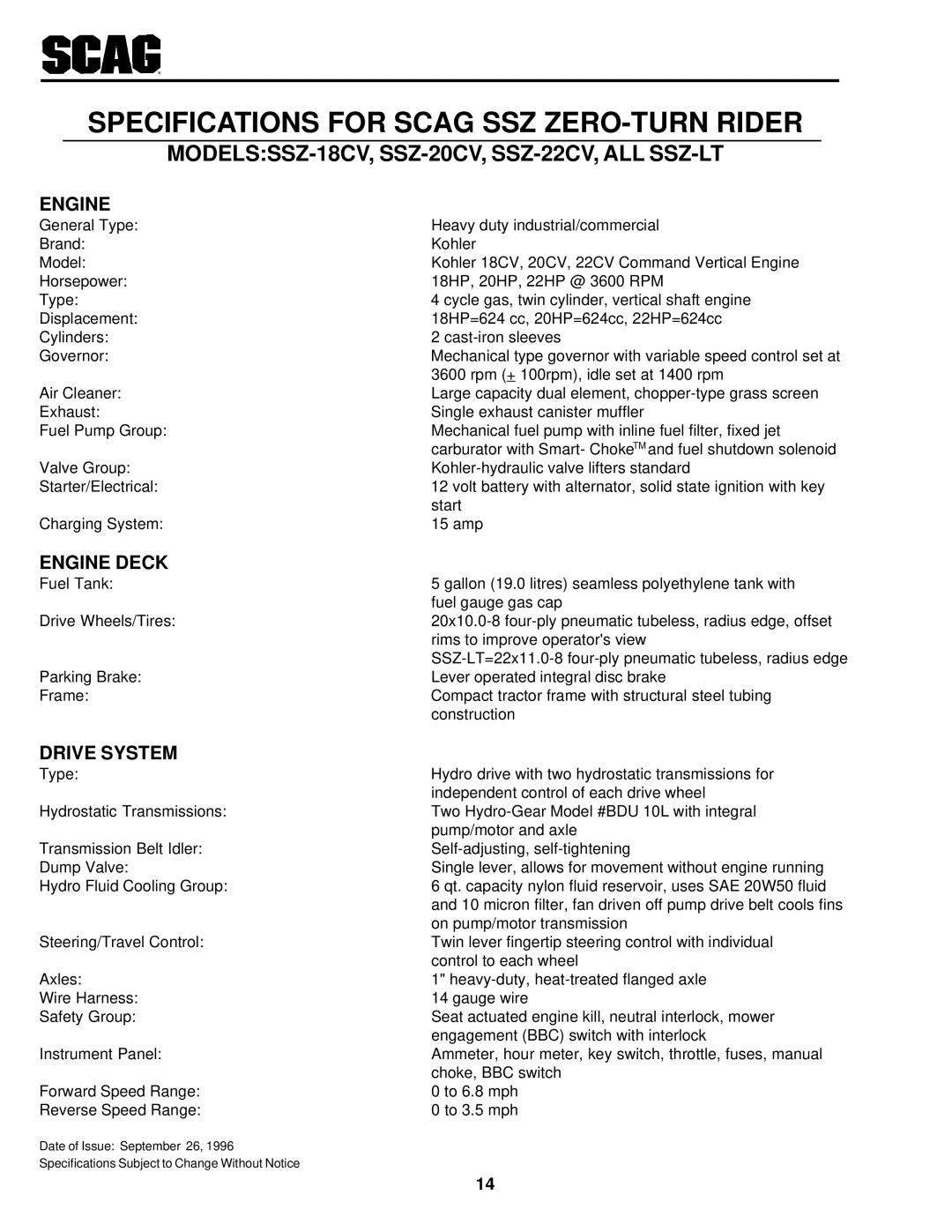 Scag Power Equipment Specifications for Scag SSZ ZERO-TURN Rider, MODELSSSZ-18CV, SSZ-20CV, SSZ-22CV, ALL SSZ-LT 