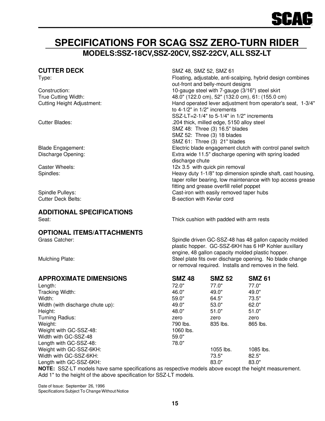 Scag Power Equipment operating instructions MODELSSSZ-18CV,SSZ-20CV, SSZ-22CV, ALL SSZ-LT, Cutter Deck 