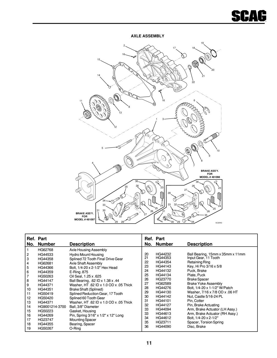 Scag Power Equipment SSZ operating instructions Axle Assembly 