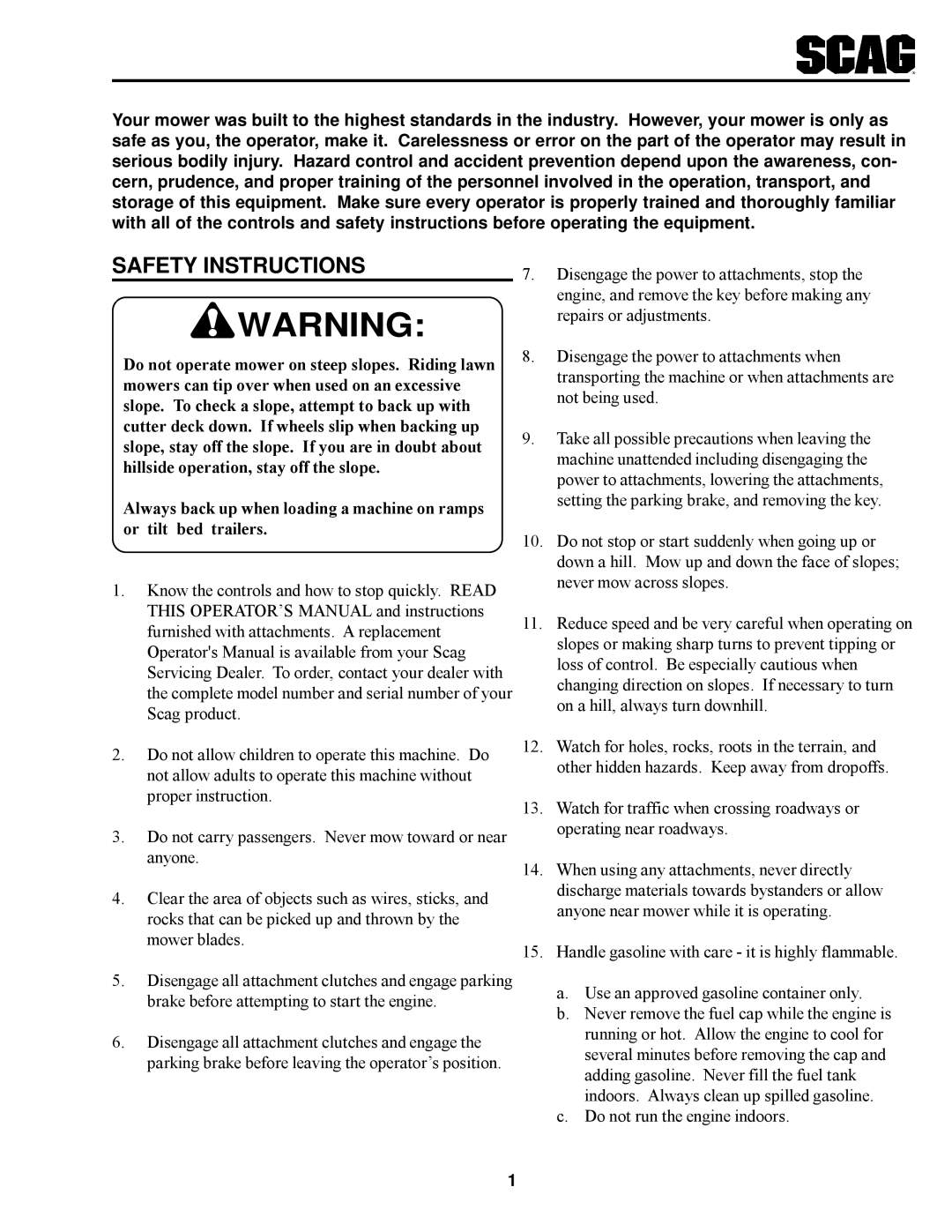 Scag Power Equipment SSZ operating instructions Safety Instructions 