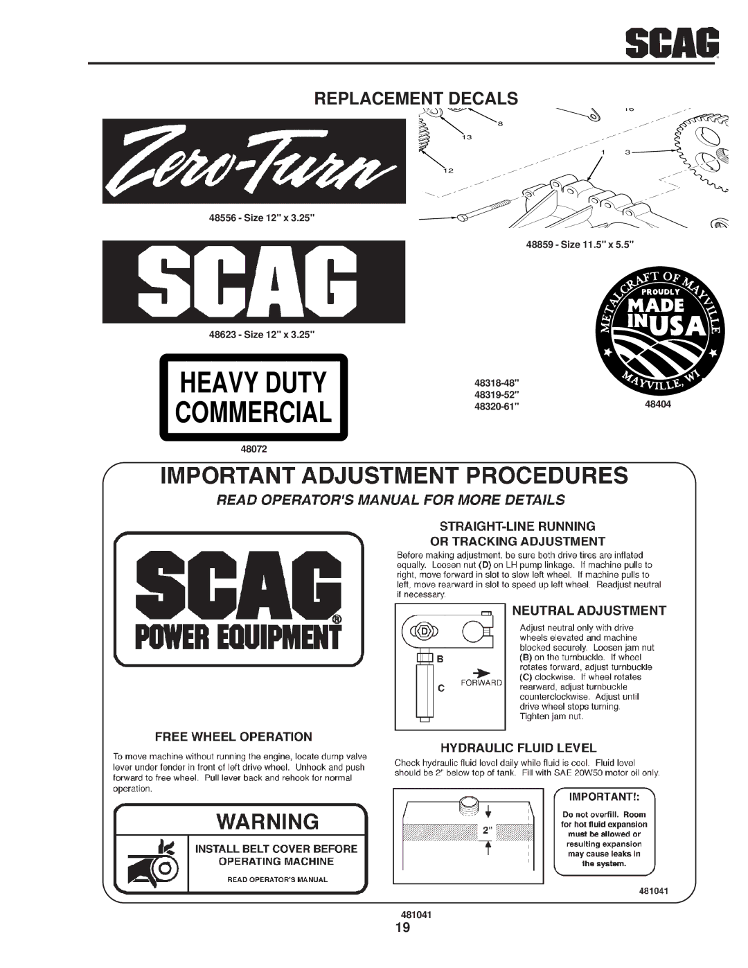 Scag Power Equipment SSZ operating instructions Heavy Duty Commercial, Replacement Decals 