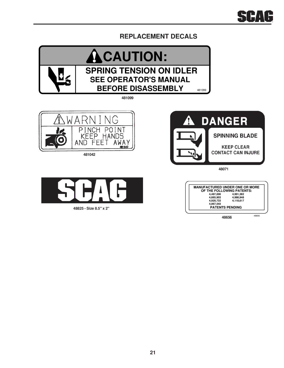 Scag Power Equipment SSZ operating instructions Spring Tension on Idler 