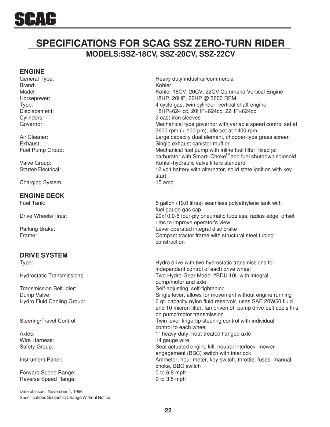 Scag Power Equipment operating instructions MODELSSSZ-18CV, SSZ-20CV, SSZ-22CV 