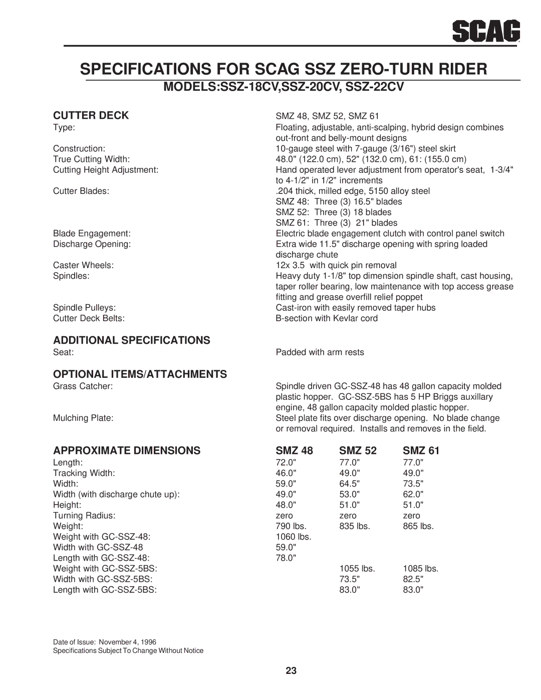 Scag Power Equipment operating instructions MODELSSSZ-18CV,SSZ-20CV, SSZ-22CV 