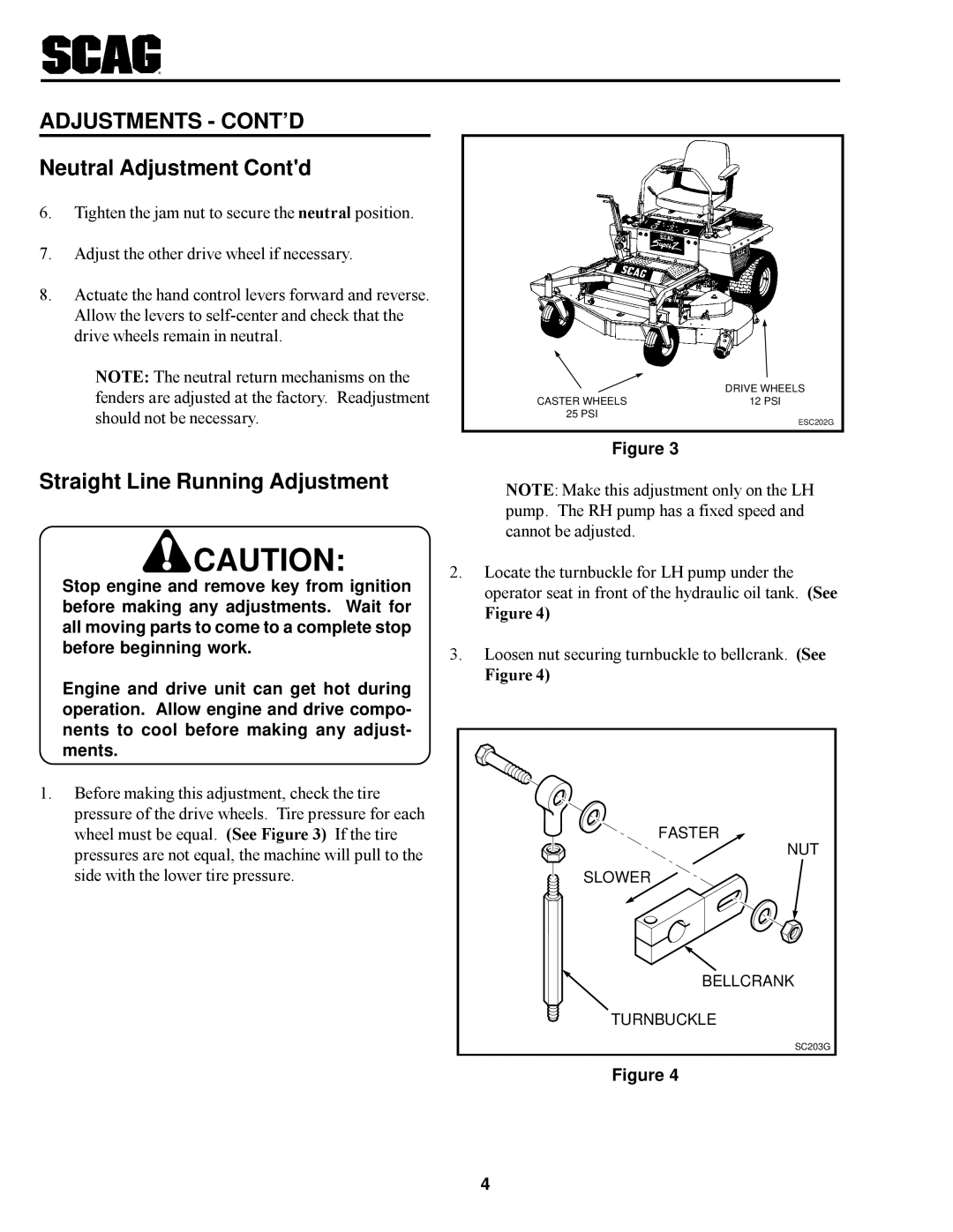 Scag Power Equipment SSZ Adjustments CONT’D, Neutral Adjustment Contd, Straight Line Running Adjustment 